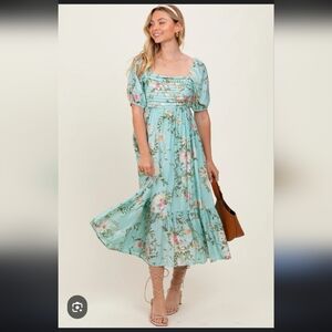 By The River Blue Floral Dress Square Neck Puff Sleeve Smocked Tiered Romantic